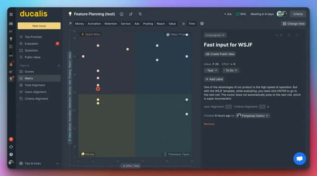 Диаграмма матрицы Ценность-Трудозатраты с четырьмя квадрантами: Быстрые Победы, Крупные Проекты, Заполнители и Бесполезные Задачи