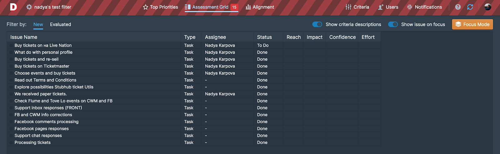 Сетка оценки со смешанными старыми и новыми задачами