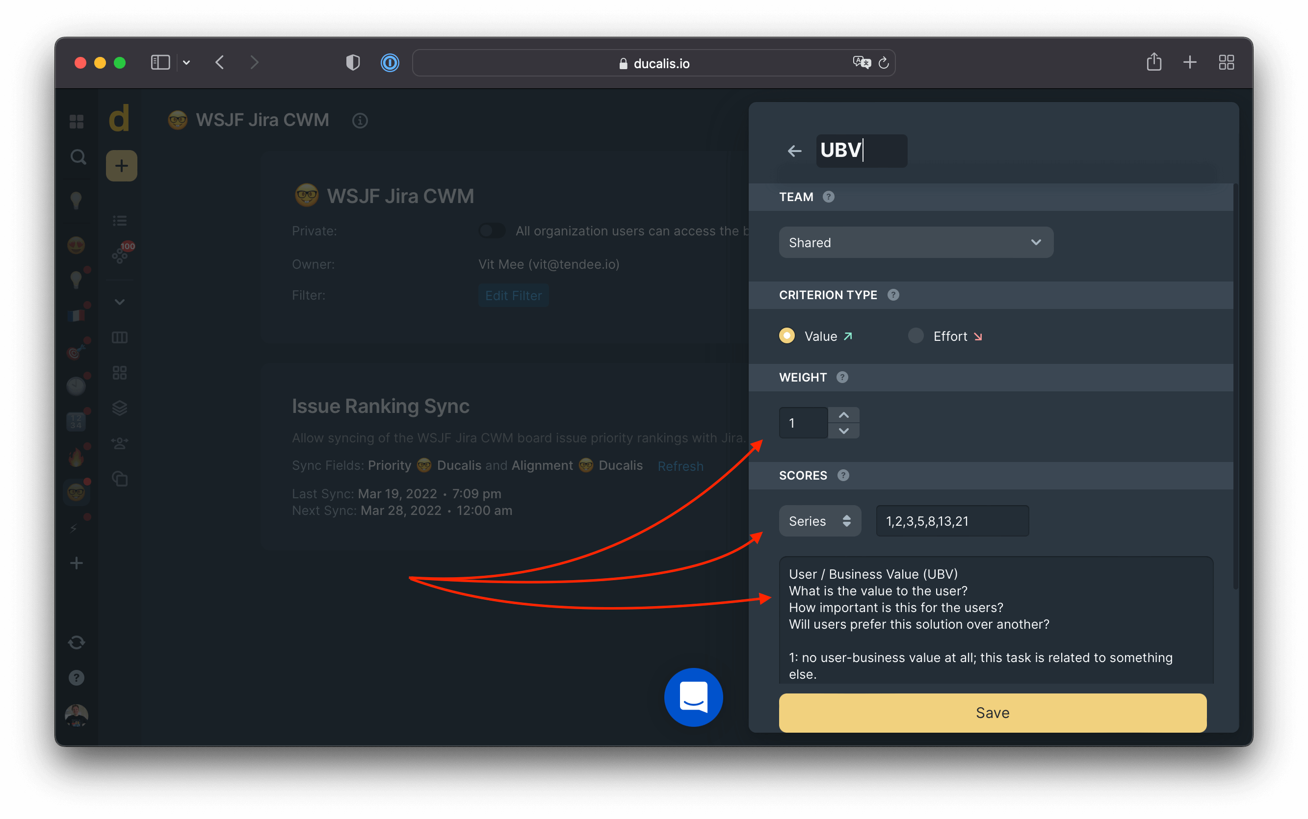 Настройка Критериев с описаниями, весами и шкалами