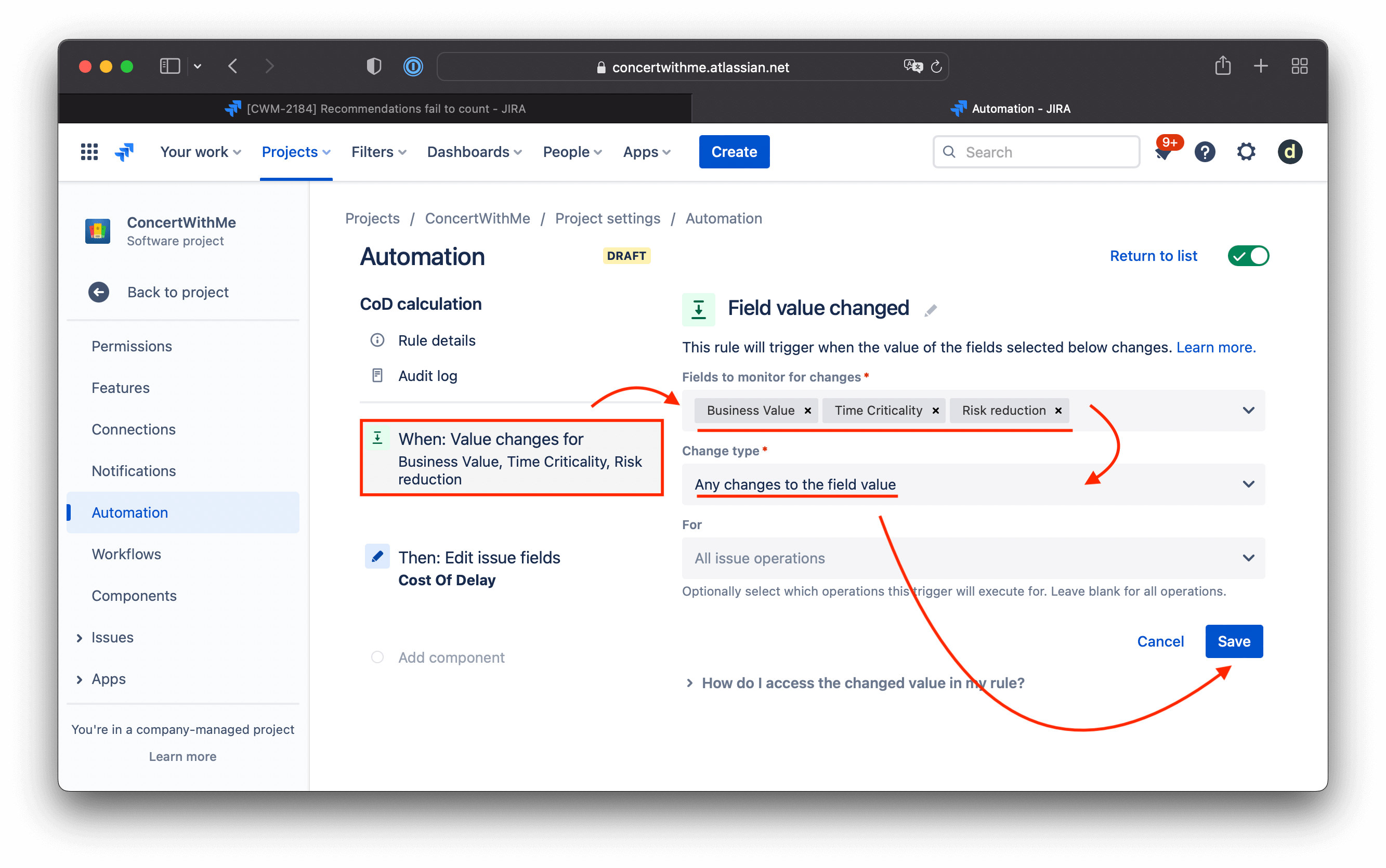 Условие триггера Jira Automation