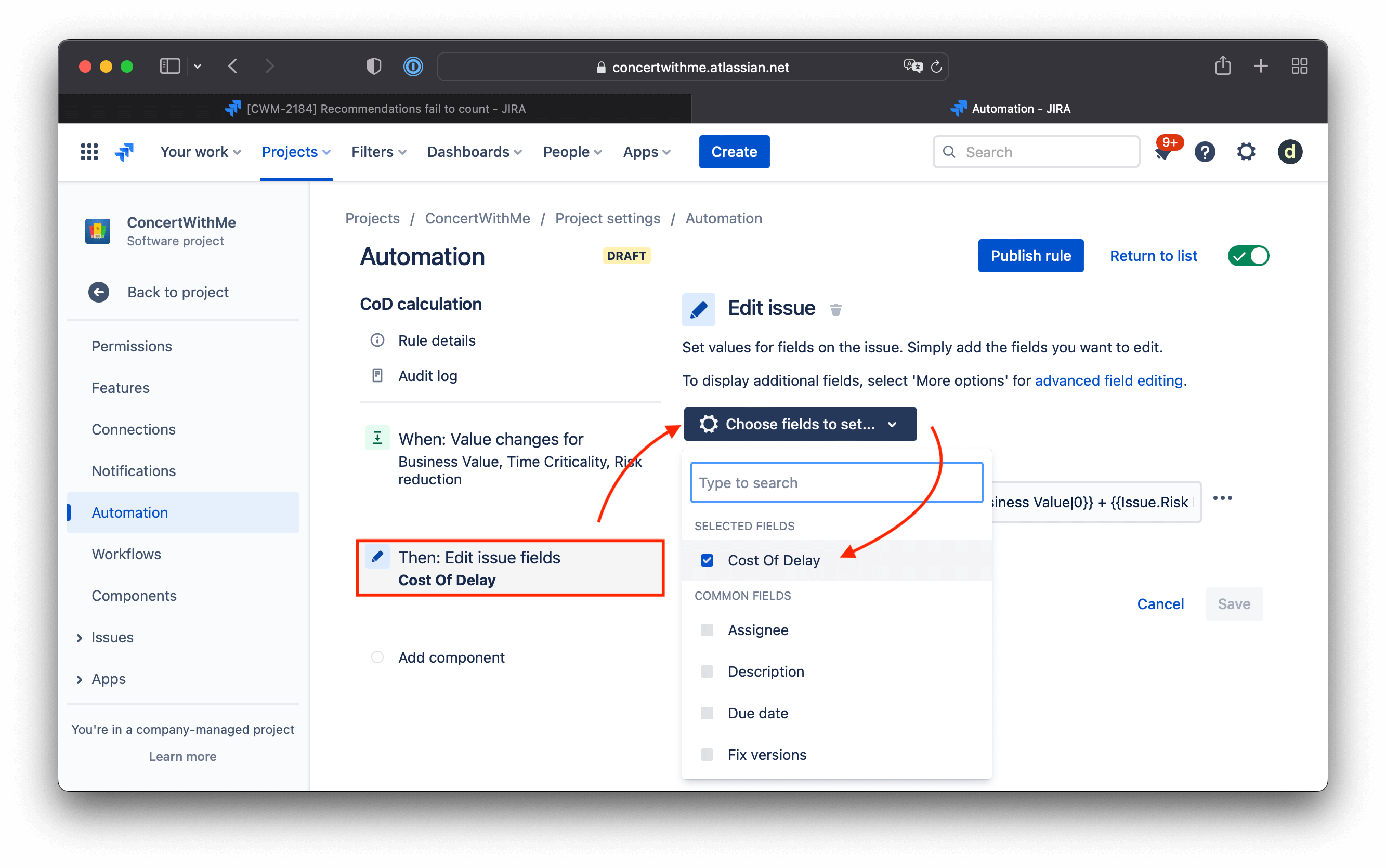 Настройка действия Jira Automation