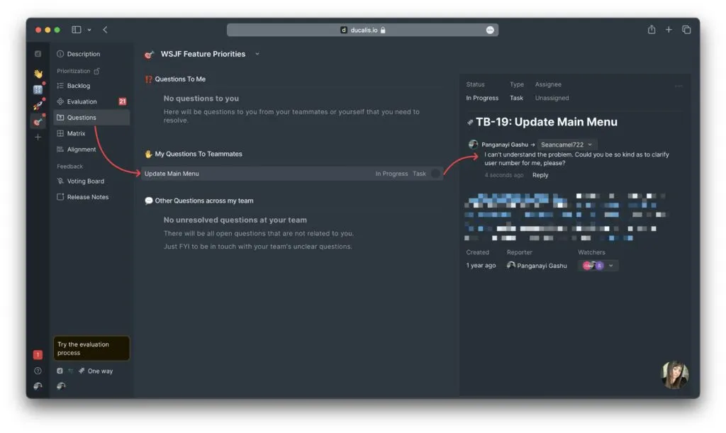 Раздел вопросов, показывающий задачи, ожидающие уточнения