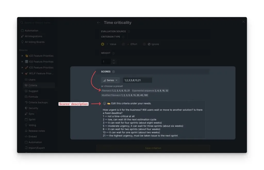 Пресет последовательности Фибоначчи с описаниями оценок
