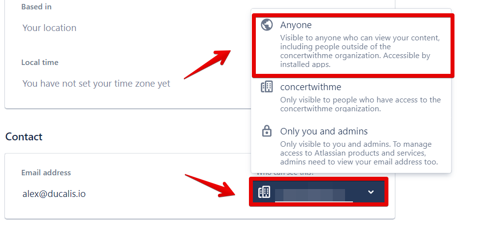 Изменение видимости email