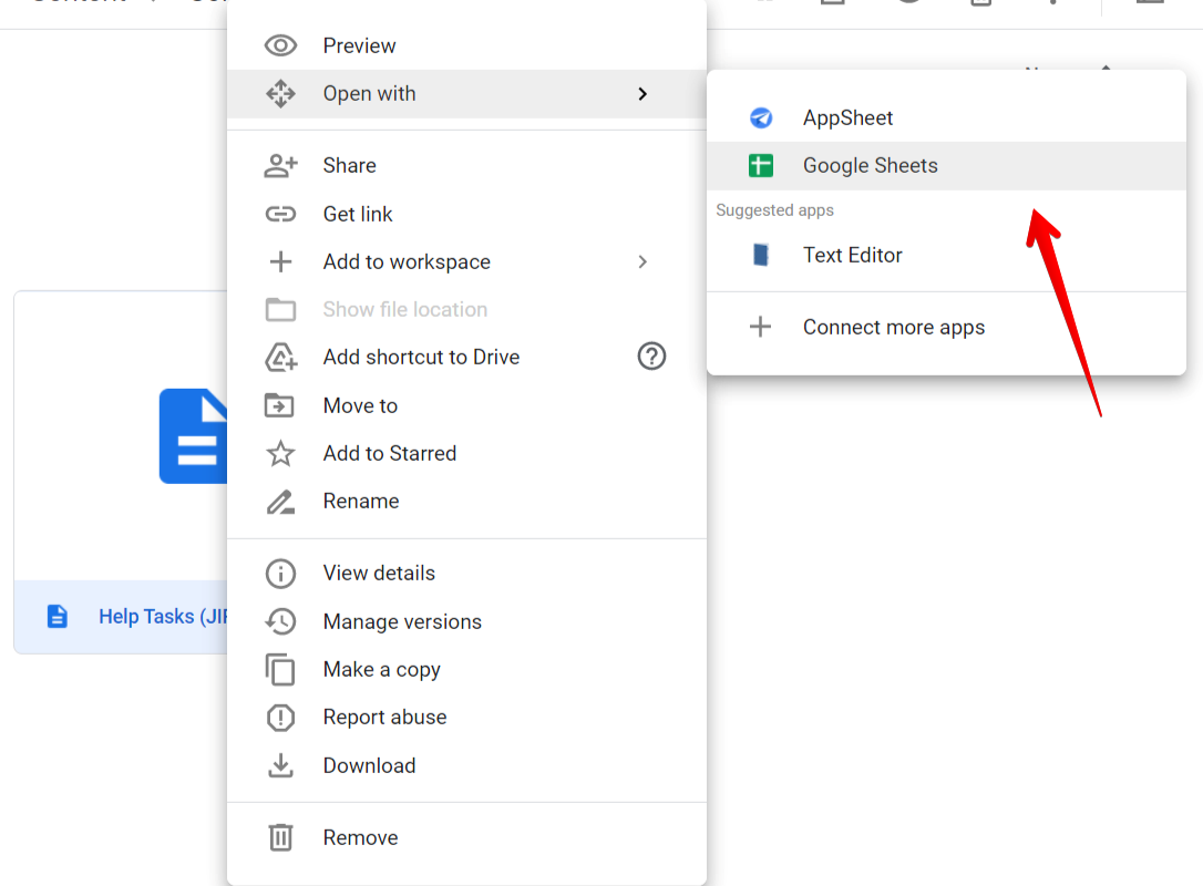 Открыть с помощью Sheets