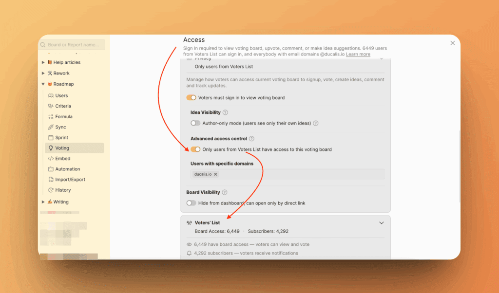 Настройка приватности доски идей для списка голосующих