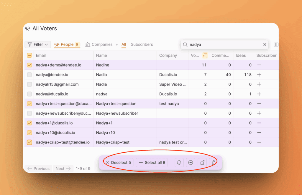 Меню массовых действий для голосующих