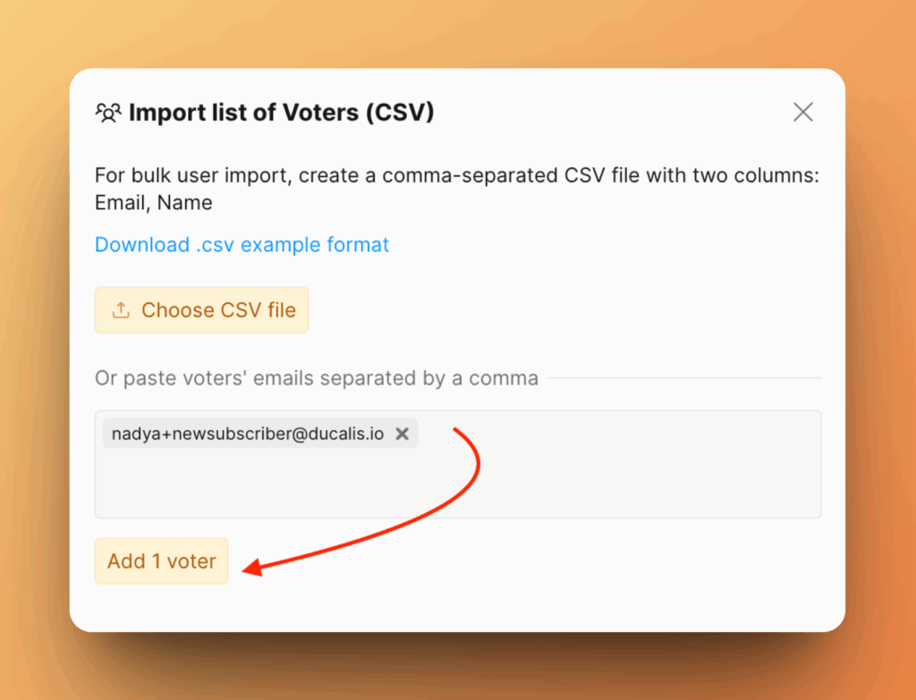 Диалог импорта голосующих с опциями CSV и ручного ввода