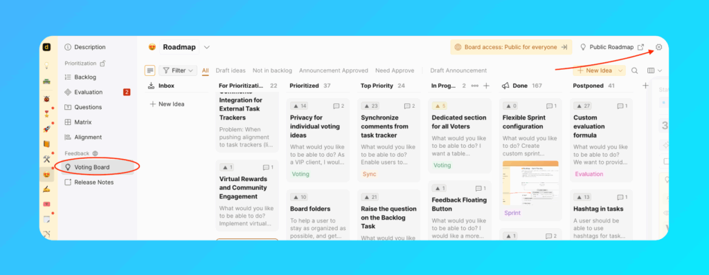 Страница настроек Доски идей