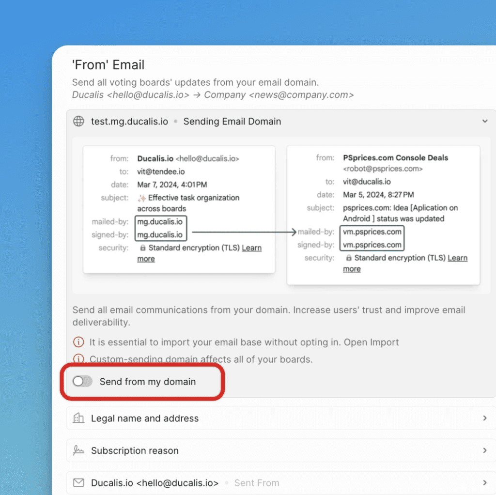 Включение переключателя кастомного email-домена