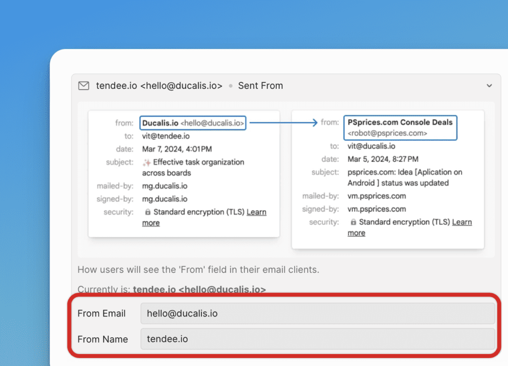 Настройка имени и email отправителя