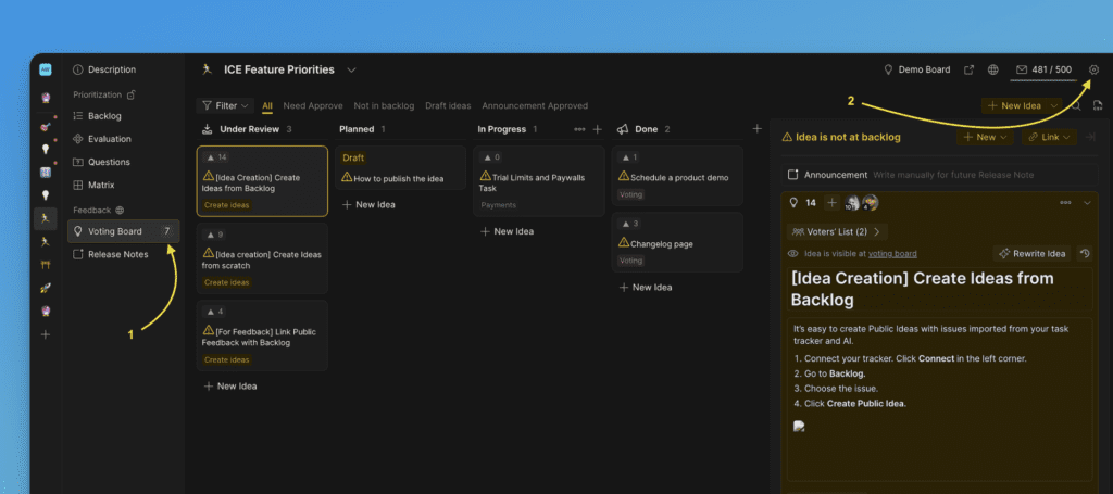 Меню настроек Доски идей