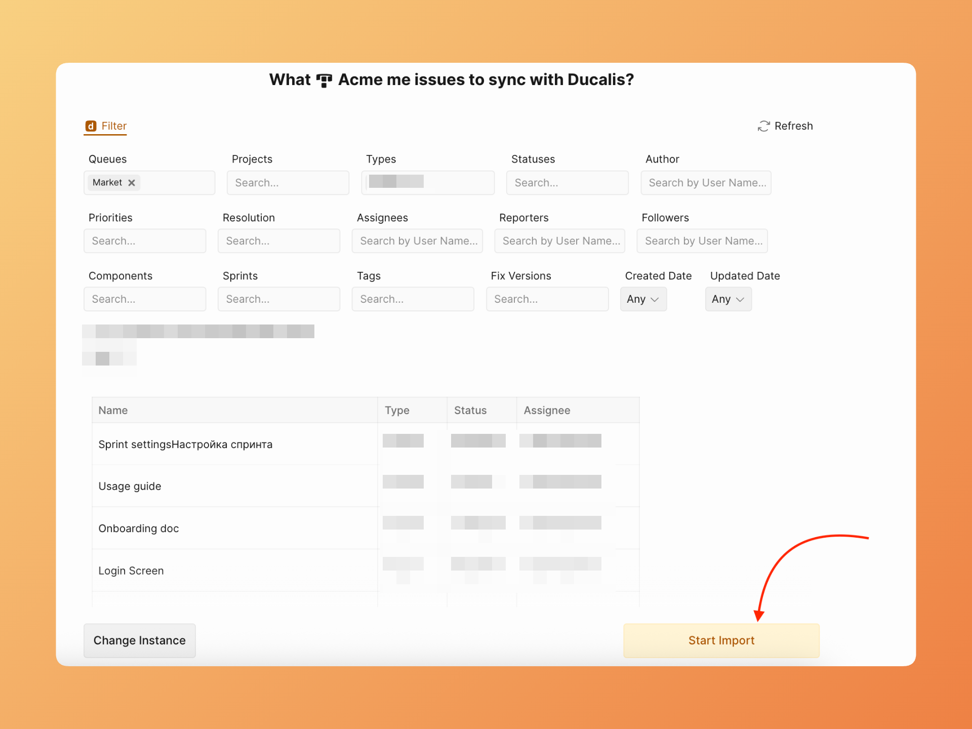 Начать импорт бэклога