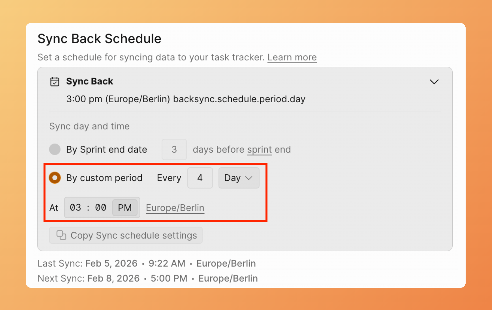 Запланируйте обратный синк по кастомным настройкам