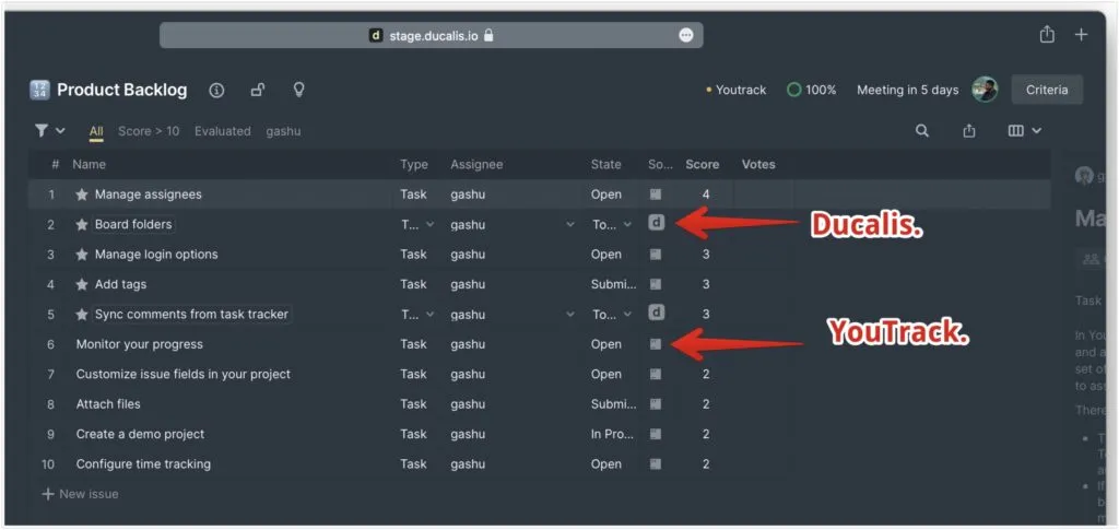 Индикаторы источника задачи, показывающие иконки YouTrack и продукта