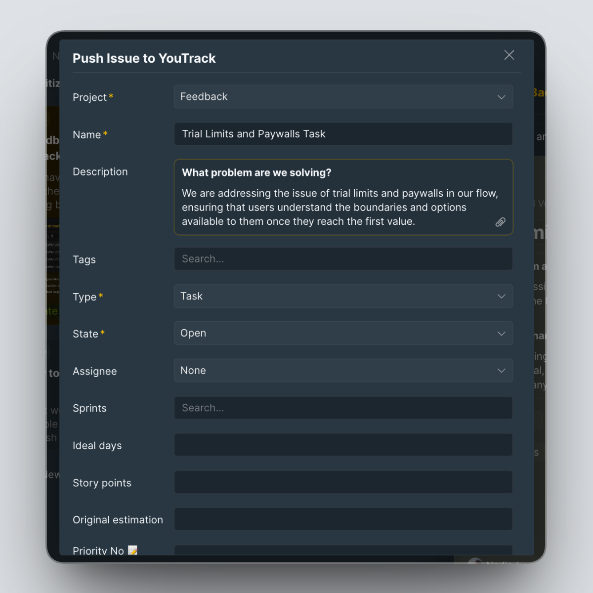 Диалог создания задачи из Идеи Доски идей