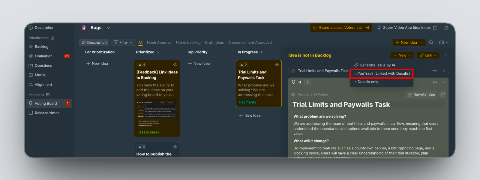 Выпадающий список новой задачи с опцией YouTrack