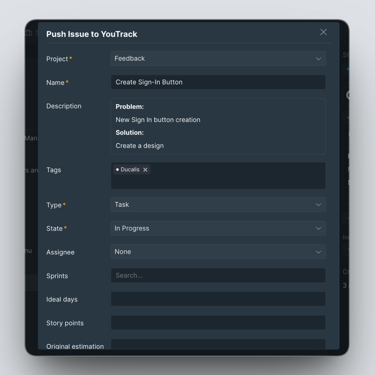Диалог создания задачи с полями проекта, названия, описания и ответственного