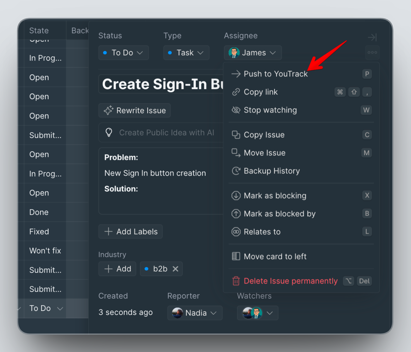 Кнопка Push to YouTrack на карточке Задачи