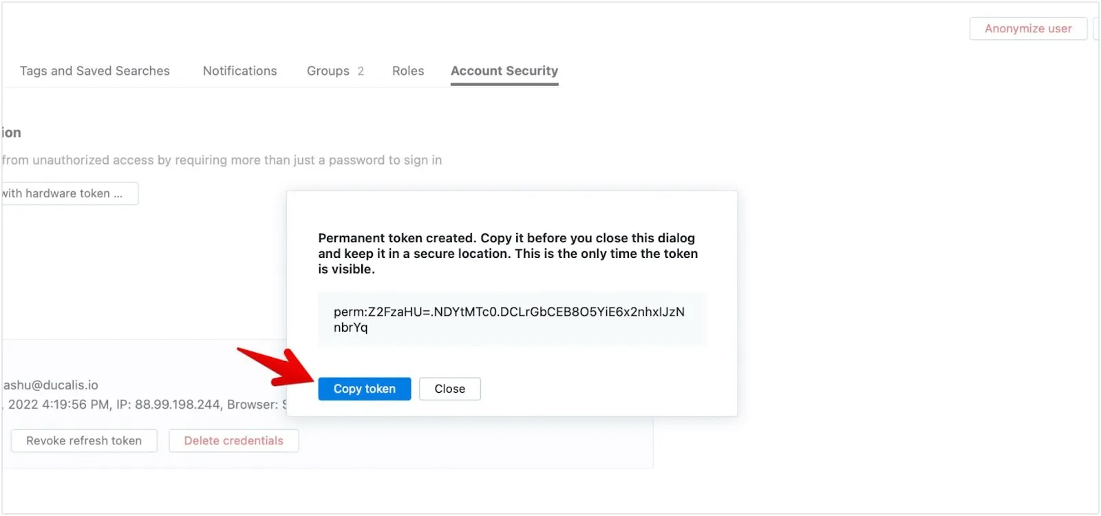 Кнопка копирования токена