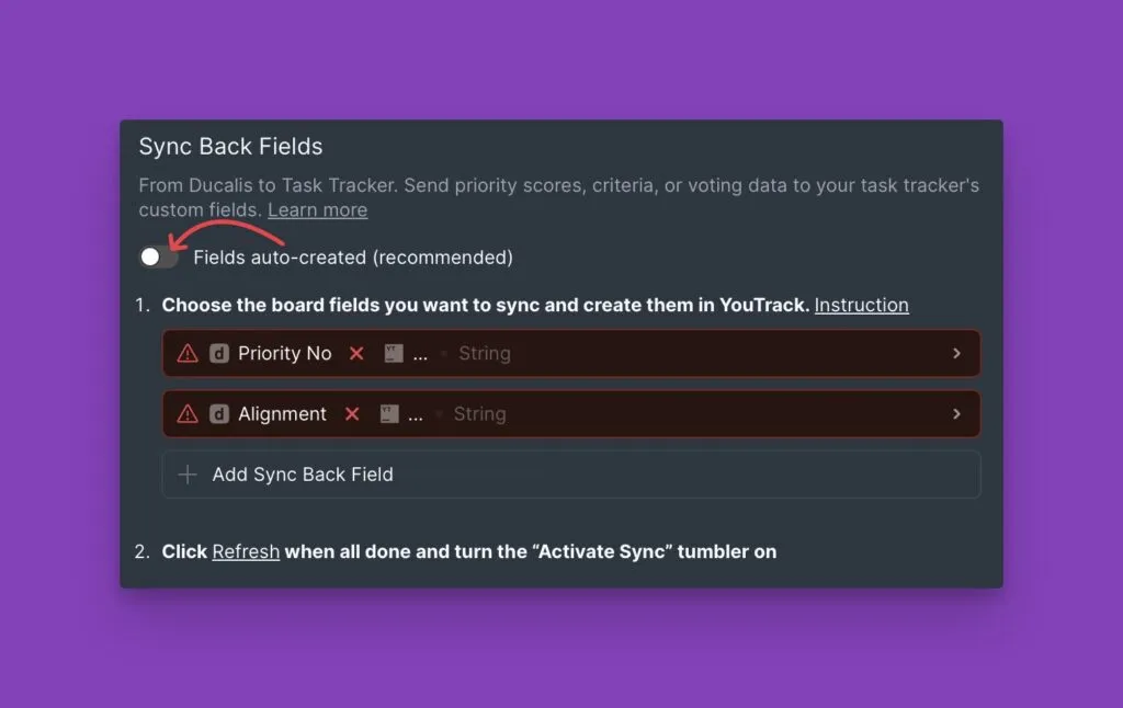 Переключатель автоматического создания выключен