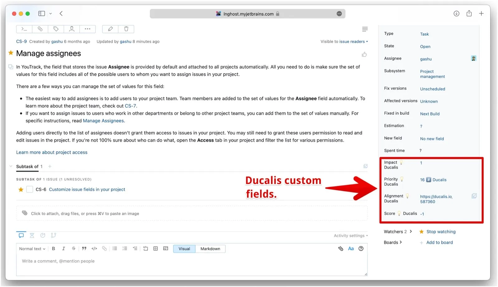 Кастомные поля созданы в YouTrack