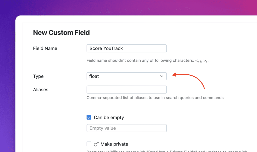 Выбор типа поля в YouTrack