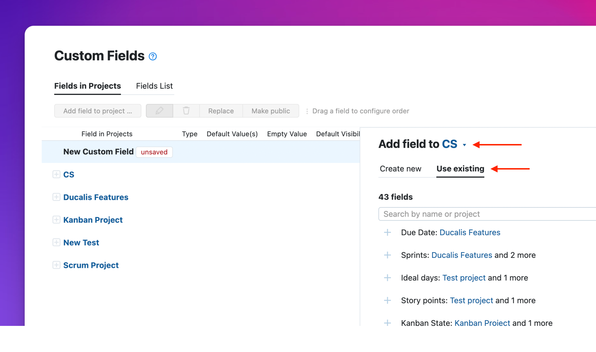 Диалог добавления поля в проект