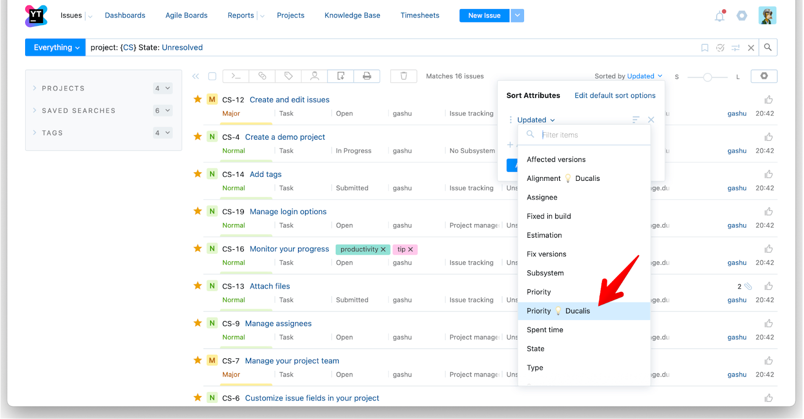 Выбор поля Priority