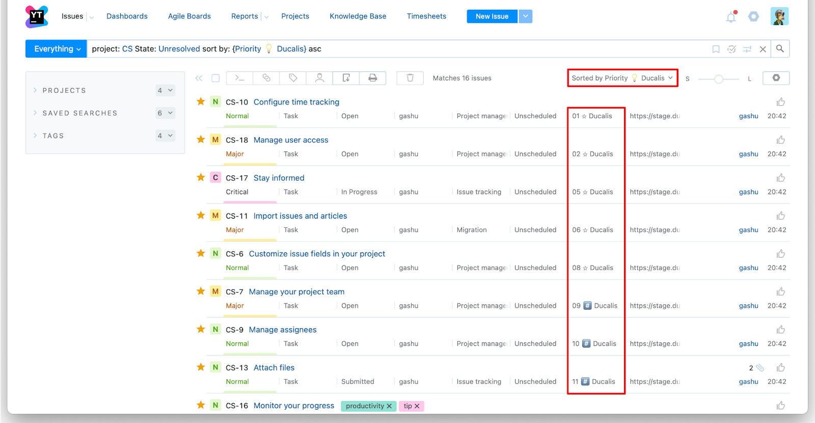 Задачи отсортированы по приоритету