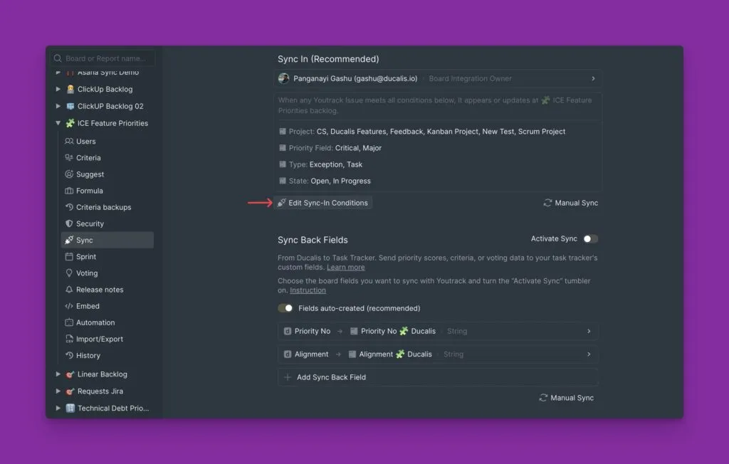 Кнопка Edit Sync-In Conditions