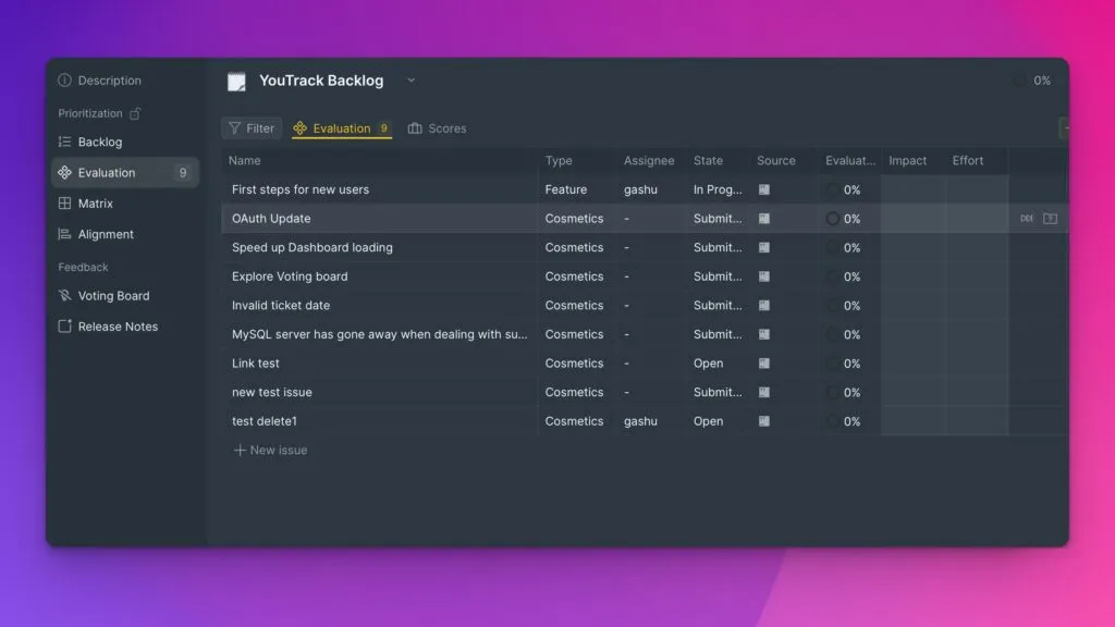 Доска с импортированными задачами YouTrack с иконками трекера