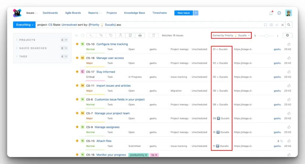 Интерфейс YouTrack с синкнутыми оценками приоритета